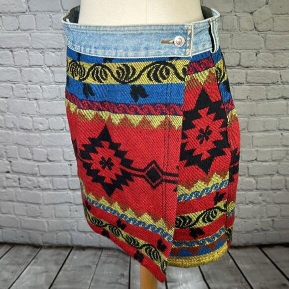 90's Southwestern Wool Blend B.U.M. Equipment Denim Mini skirt Size 13 Vintage - Picture 1 of 16